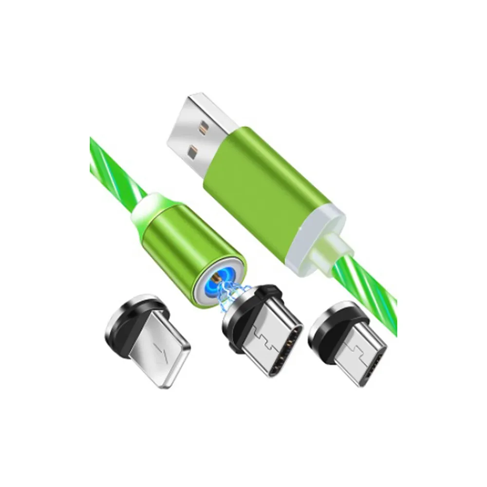 Techsuit - Charging Cable 3in1 LED Flowing Magnetic - USB to Type-C, Micro USB, Lightning, 1m - Green
